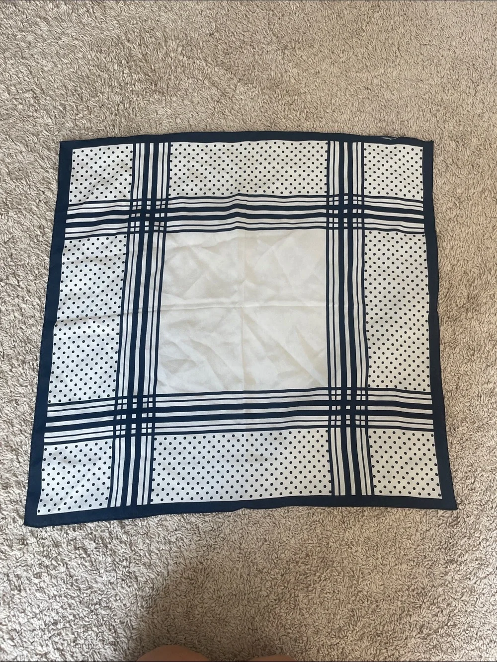 Navy and White Polka Dot Plaid Silk Scarf